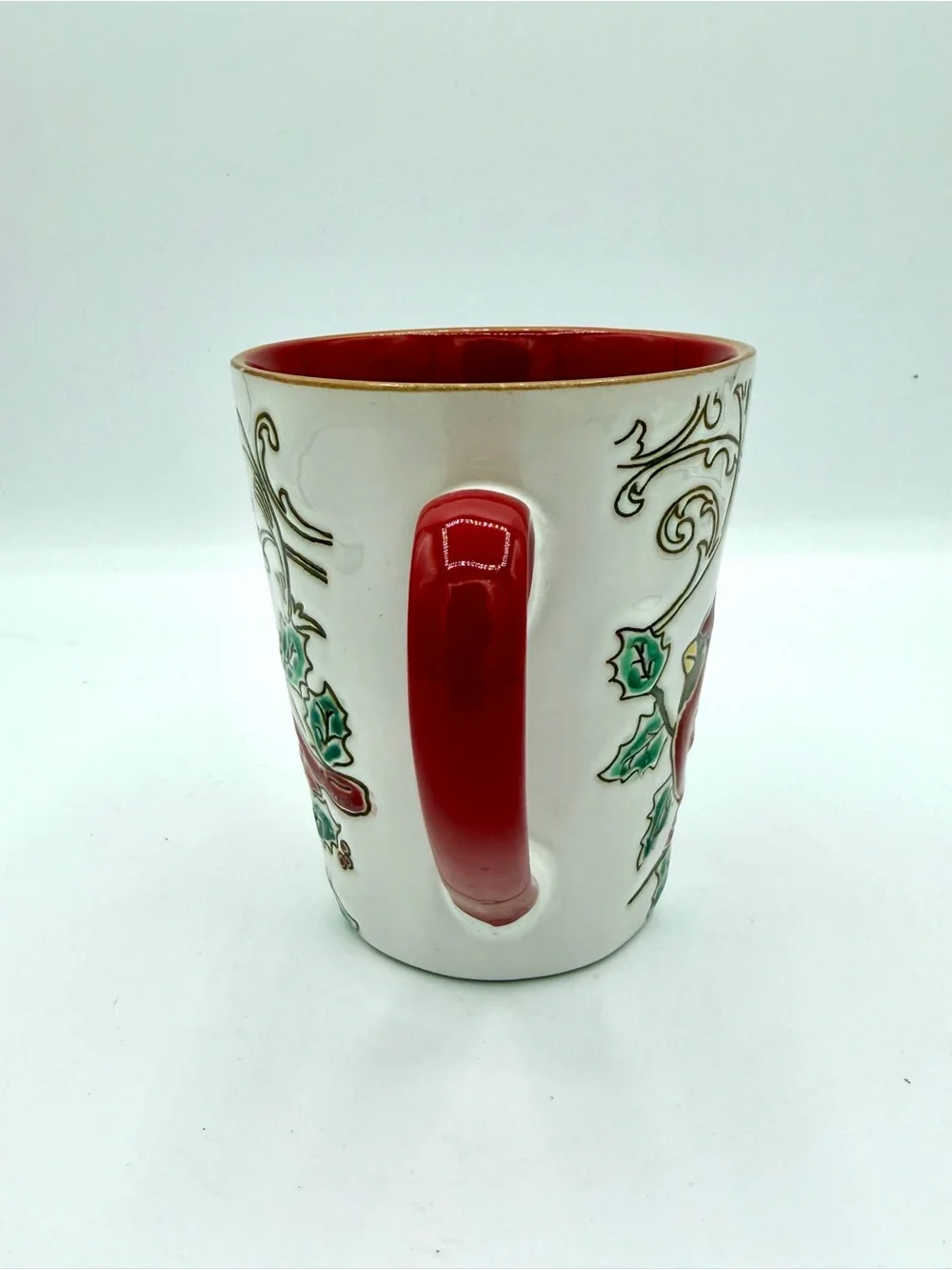 Christmas Cardinal Coffee Mug Holly Scroll Ceramic Red White Large Cup
